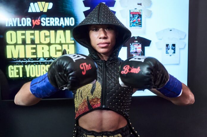 Alycia Baumgardner poses backstage before her boxing bout