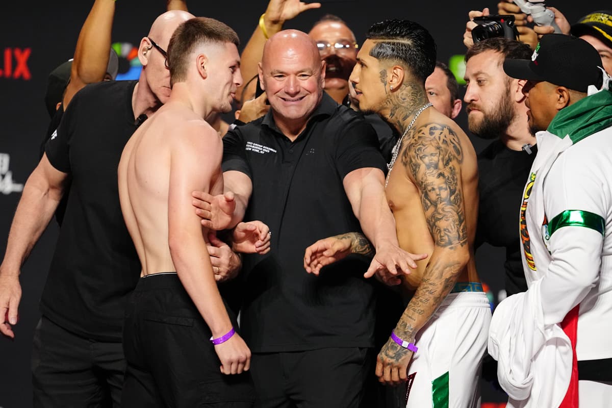 Callum Walsh and Fernando Vargas during the weigh-in ahead of their boxing bout