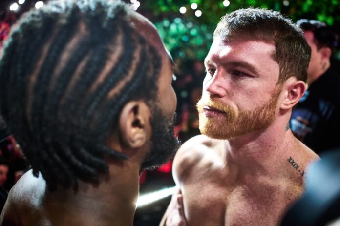 Canelo Alvarez faces Terance Crawford at the weigh-in, ahead of their boxing bout live on Netflix from Las Vegas