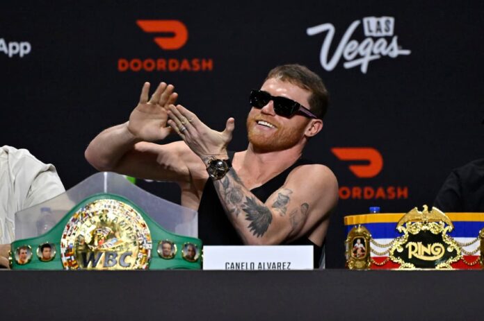 Canelo Alvarez during the press conference ahead of his bout against Terence Crawford