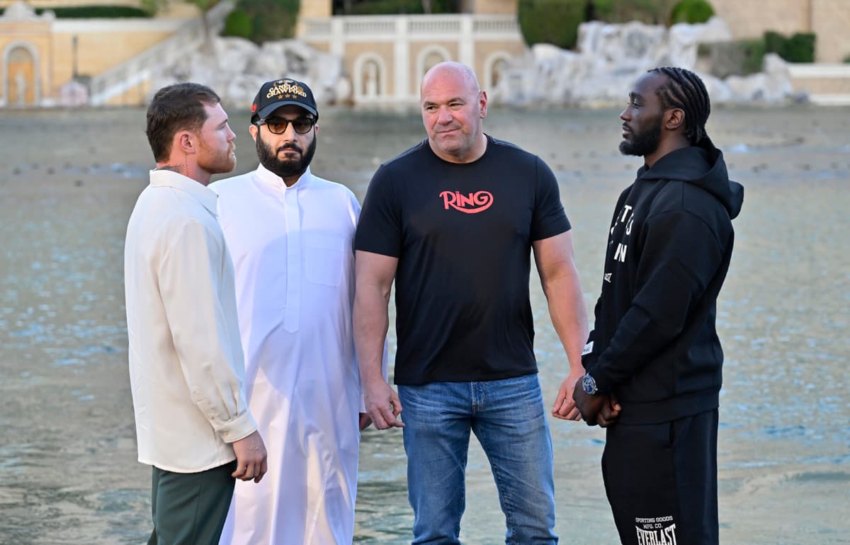 Canelo Alvarez, Turki Al-Sheikh, Dana White, Terence Crawford at The Fountains of Bellagio in Las Vegas