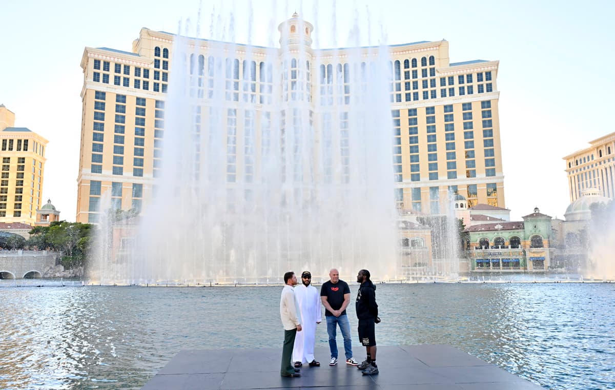 Canelo Alvarez, Turki Al-Sheikh, Dana White, Terence Crawford at The Fountains of Bellagio in Las Vegas