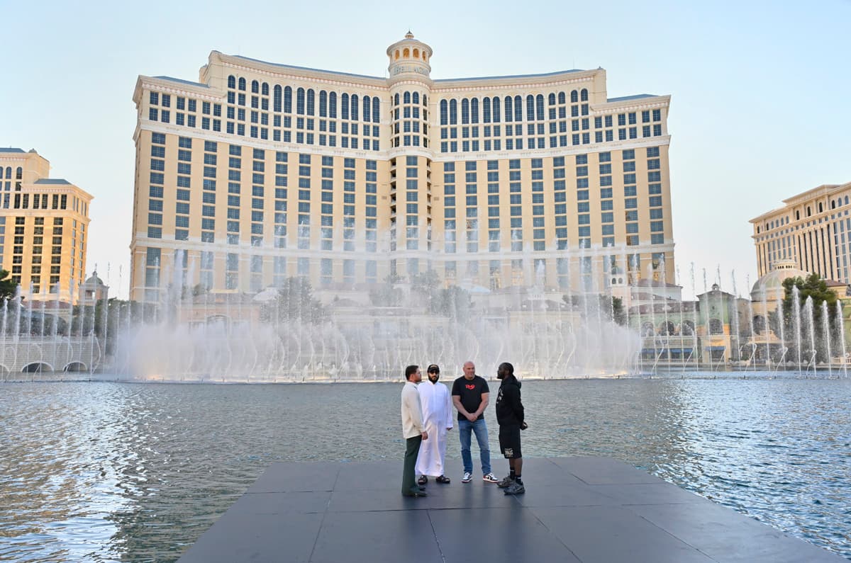 Canelo Alvarez, Turki Al-Sheikh, Dana White, Terence Crawford at The Fountains of Bellagio in Las Vegas