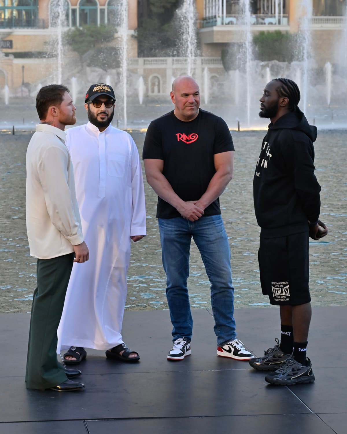 Canelo Alvarez, Turki Al-Sheikh, Dana White, Terence Crawford at The Fountains of Bellagio in Las Vegas