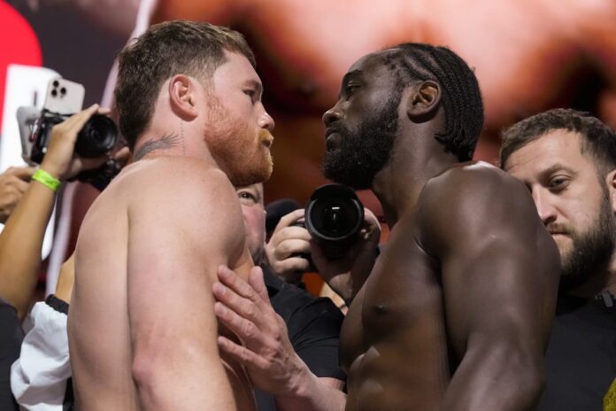 Canelo Alvarez and Terence Crawford face off at the weigh-in, ahead of their boxing bout live on Netflix from Las Vegas