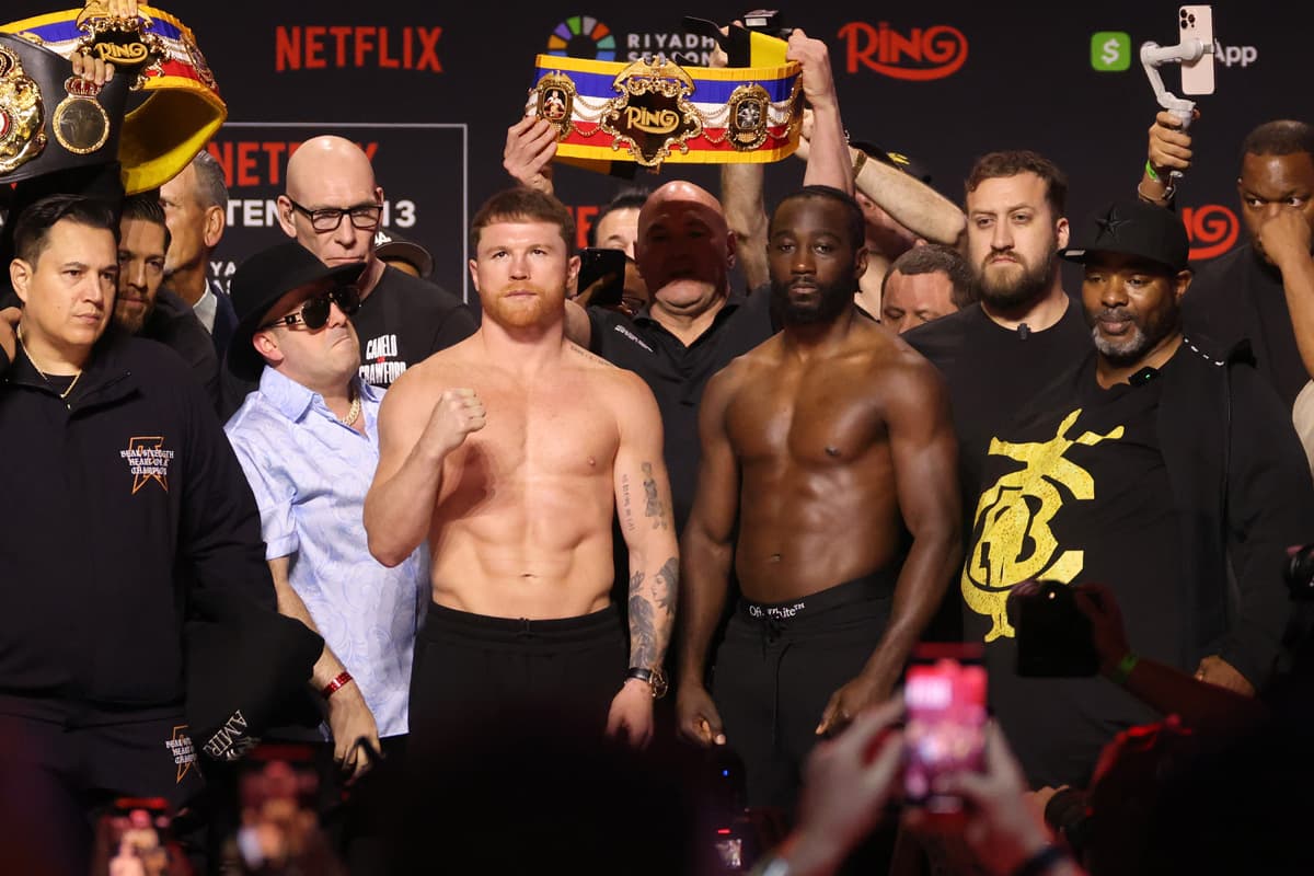 Canelo Alvarez and Terence Crawford during the weigh-in ahead of their boxing bout