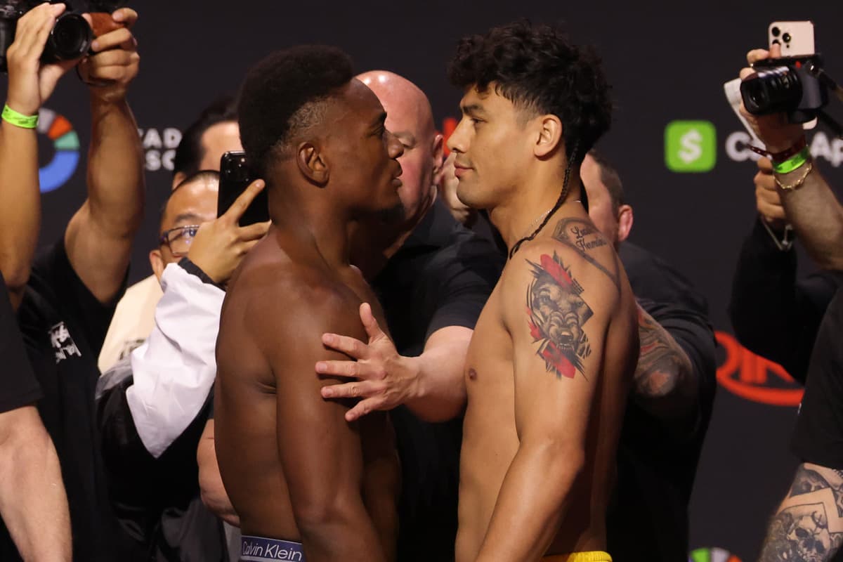Christian Mbilli and Lester Martinez during the weigh-in ahead of their boxing bout
