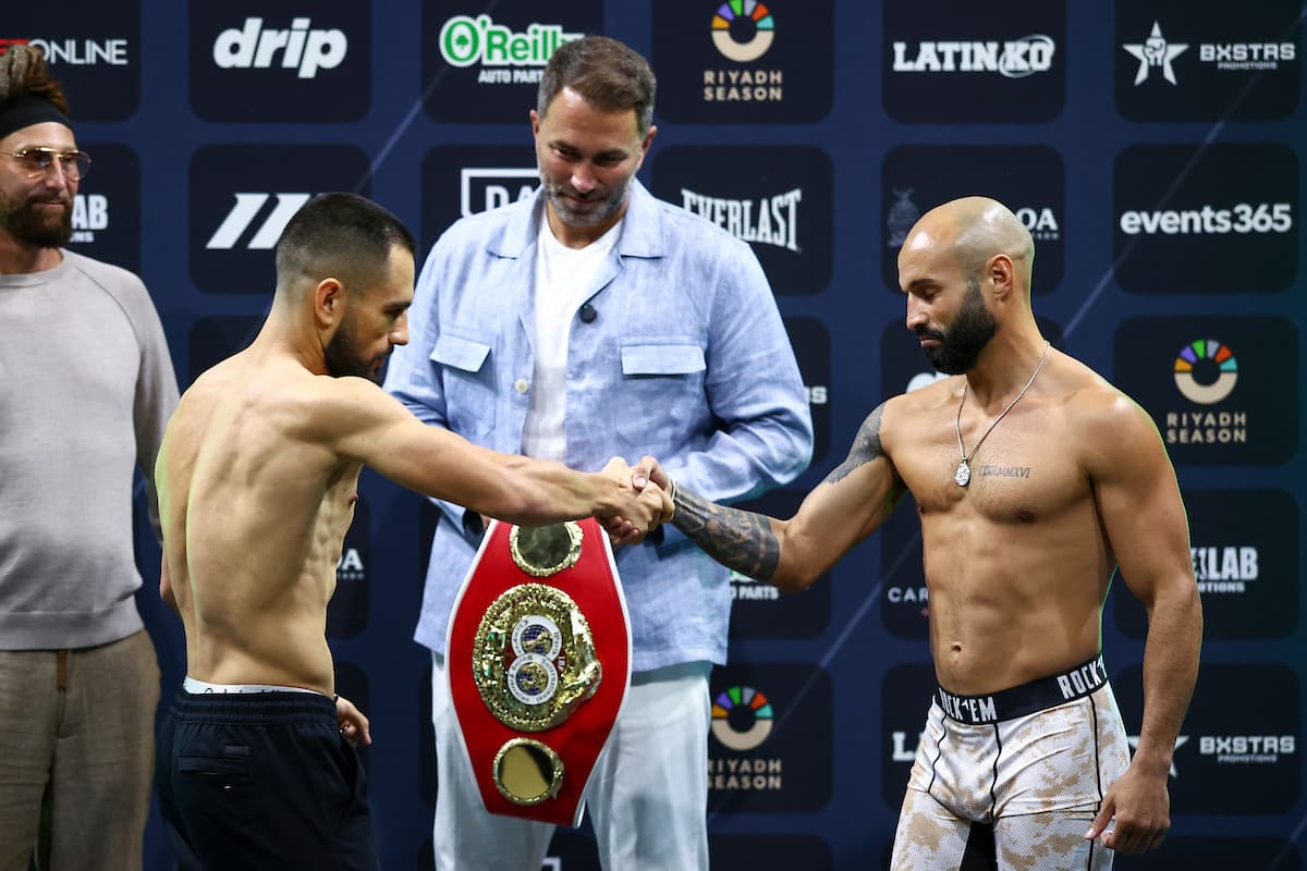 Eduardo Nunez and Christopher Diaz shake hands during the weigh-in ahead of their boxing bout