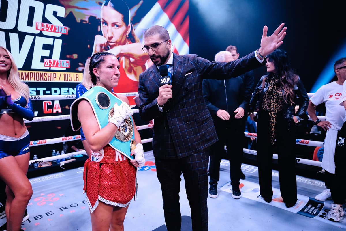 Kim Clavel interviewed by journalist Ariel Helwani following her victory over Sol Cudos