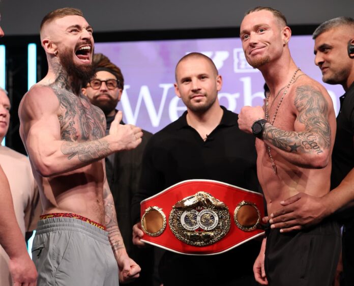 Lewis Crocker and Paddy Donovan during the weigh-in ahead of their rematch in Belfast