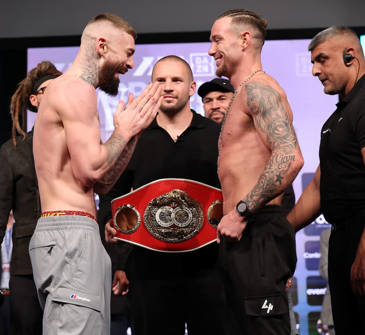 Lewis Crocker and Paddy Donovan during the weigh-in