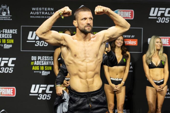 Mateusz Gamrot poses during the UFC 305 ceremonial weigh-ins