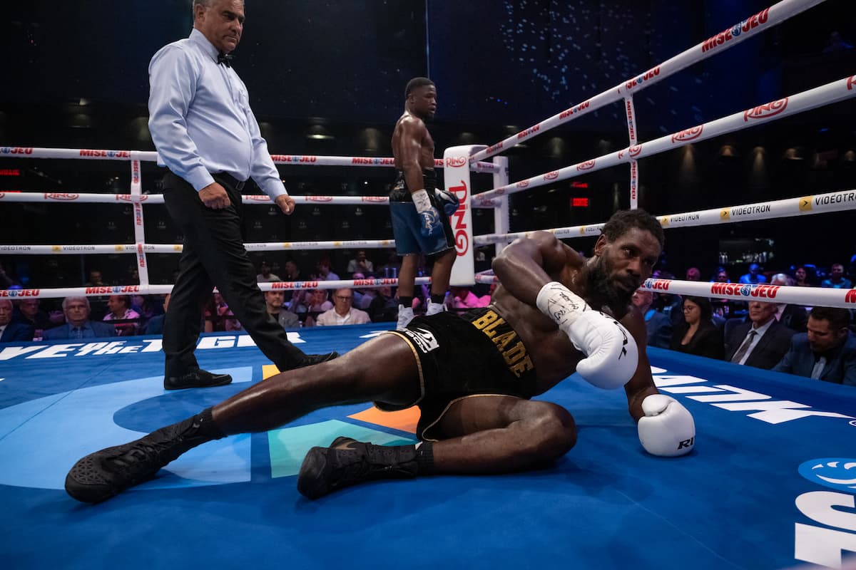 Moreno Fendero knocks down Boris Crighton during their boxing bout