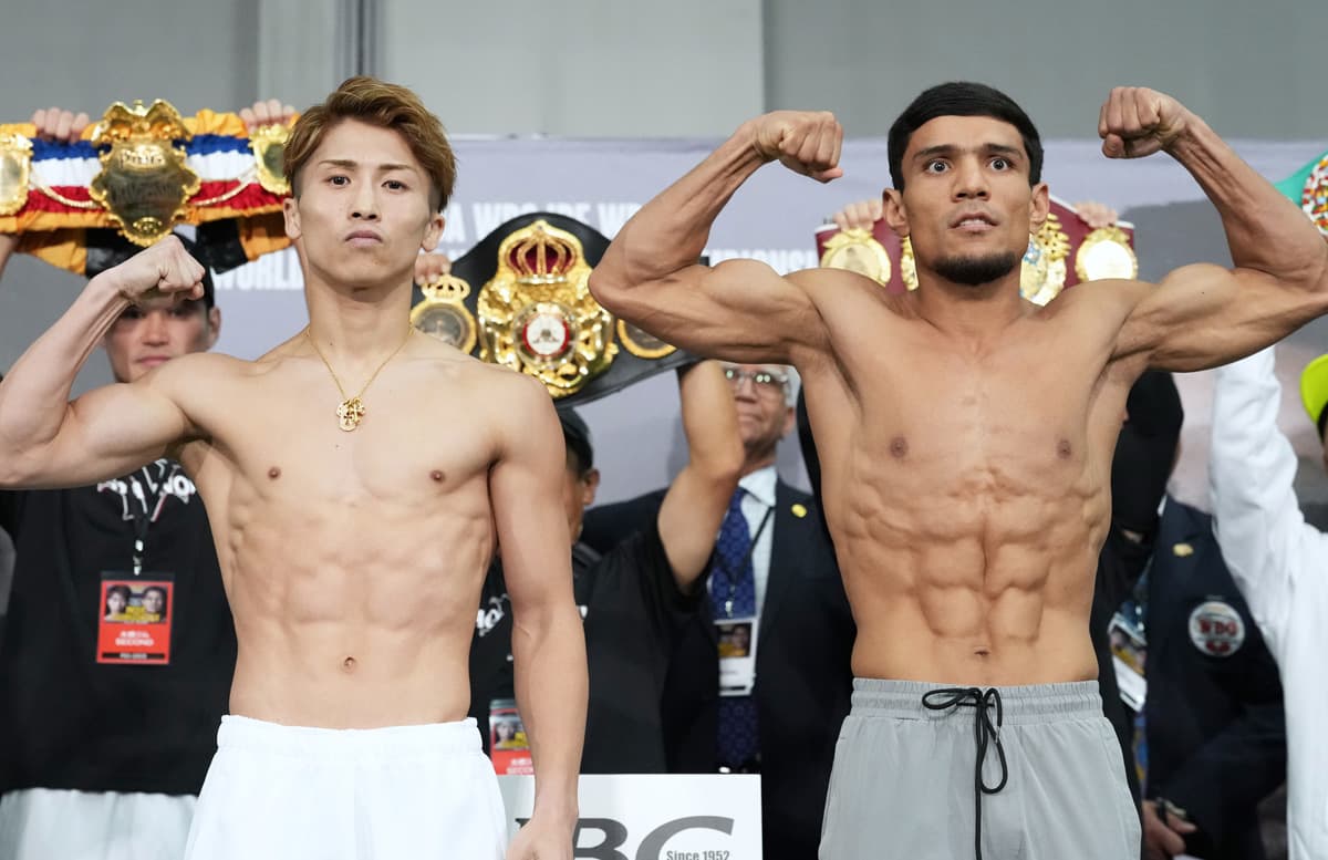 Naoya Inoue and Murodjon Akhmadaliev during the weigh-in ahead of their boxing bout