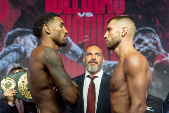 Osleys Iglesias and Vladimir Shishkin face off at the weigh-in ahead of their boxing bout in Montreal, Canada