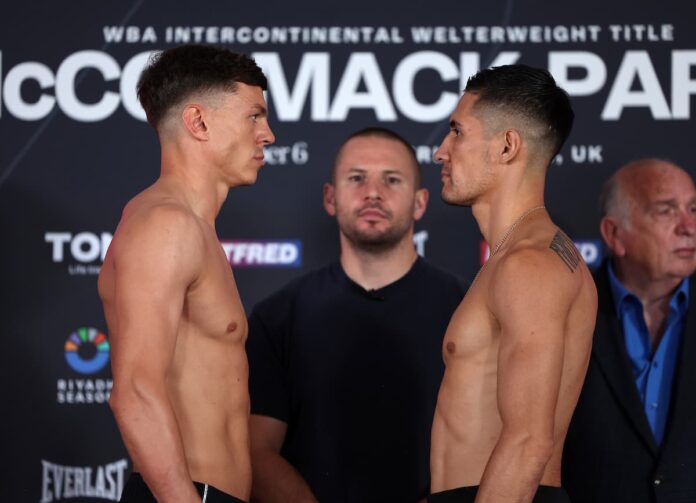 Pat McCormack and Miguel Parra face off at the weigh-in, ahead of their boxing bout at Sunderland Live in Houghton-le-Spring, England