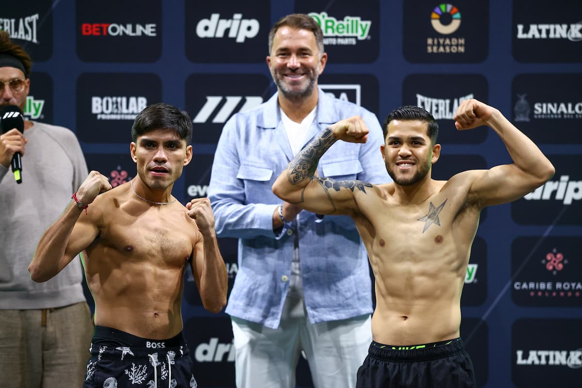 Pedro Guevara and Alexis Molina Aguirre during the weigh-in ahead of their boxing bout