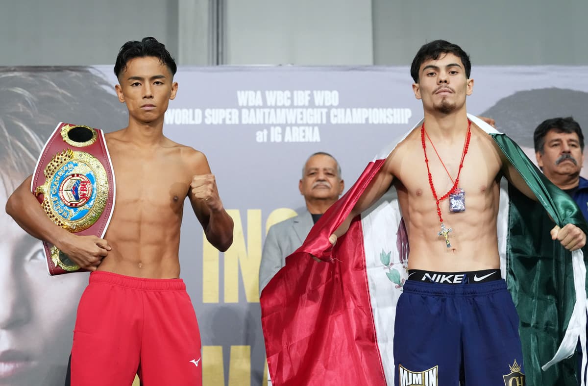 Yoshiki Takei and Christian Medina Jimenez during the weigh-in ahead of their boxing bout