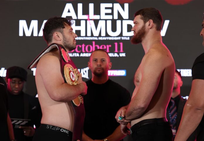 Dave Allen and Arslanbek Makhmudov face off at the weigh-in, ahead of their boxing bout in Sheffield, England