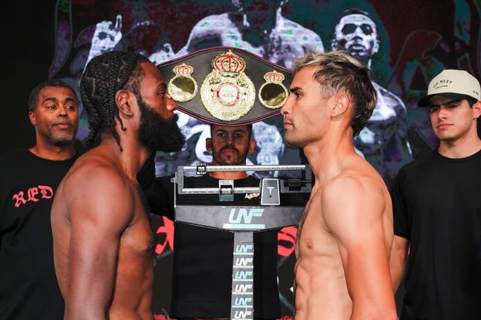 Deonte Brown and Grimardi Machuca face off at the weigh-in, ahead of their boxing bout in Commerce, CA