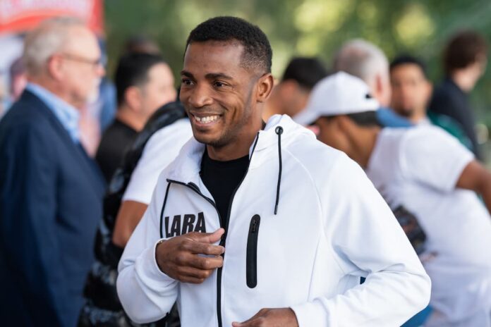 Erislandy Lara walks out during the weigh-in ahead of his boxing bout