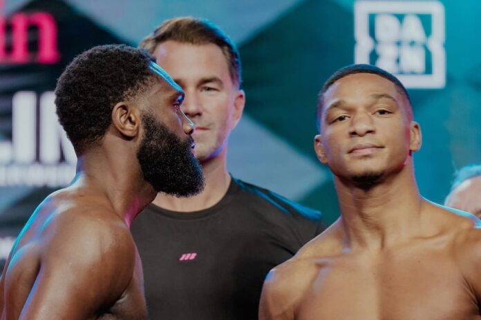 Jaron Ennis and Uisma Lima during the weigh-in ahead of their boxing bout in Philadelphia
