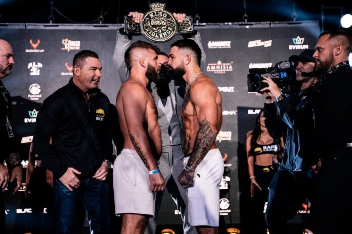 Jeremy Stephens and Mike Perry face off during the BKFC 82 Newark weigh-ins
