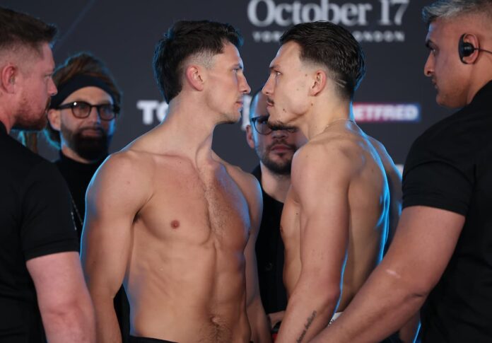 Kieron Conway and George Liddard face off at the weigh-in, ahead of their boxing bout in London