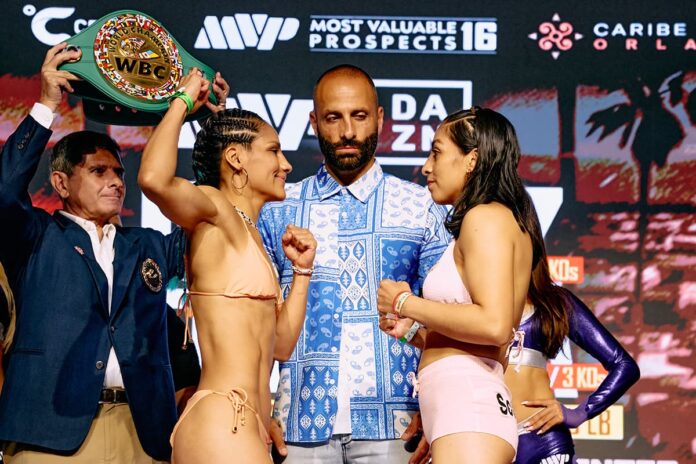 Lourdes Juarez and Yesica Nery Plata face off at the weigh-in ahead of their bout at MVP 16 in South Padre Island, Texas