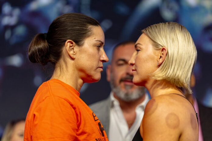 Mary Spencer and Mikaela Mayer face off at the weigh-in ahead of their boxing bout in Montreal