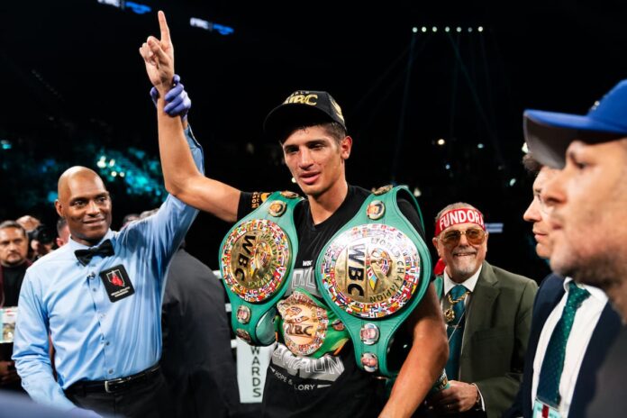 Sebastian Fundora victorious over Tim Tszyu during their bout at the MGM Grand Garden Arena in Las Vegas
