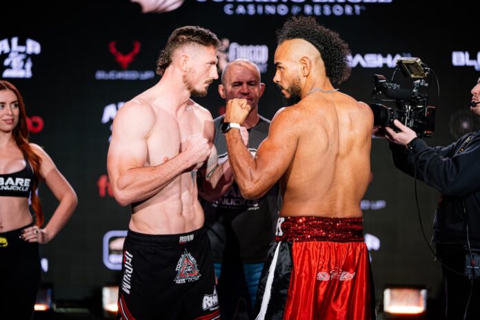 Zac Cavender and Esteban Rodriguez face off at the BKFC Michigan weigh-in