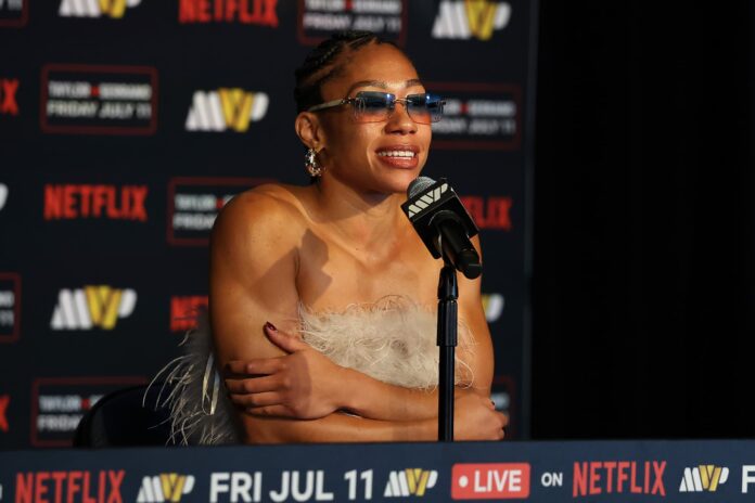 Alycia Baumgardner during a press conference after her boxing bout