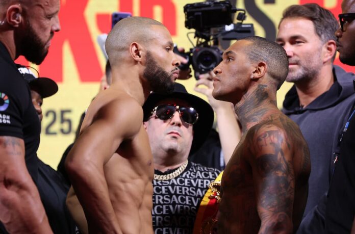 Chris Eubank Jr and Conor Benn face off at the weigh-in, ahead of their rematch in London