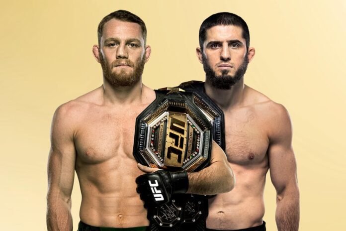The faces of Jack Della Maddalena and Islam Makhachev, promoting their MMA fight at UFC 322 at MSG in New York