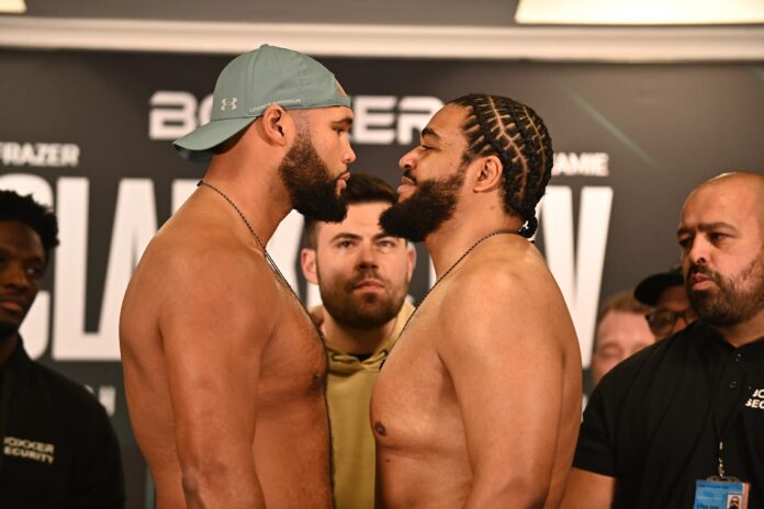 Frazer Clarke and Jeamie TKV face off at the weigh-in, ahead of their boxing bout at Vaillant Live in Derby, England