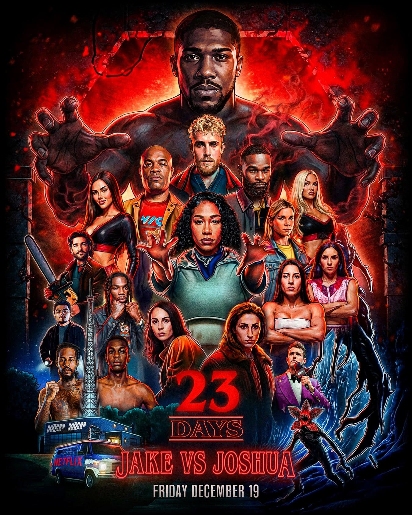 Stranger Things-themed promotional poster for Jake Paul vs Anthony Joshua boxing match