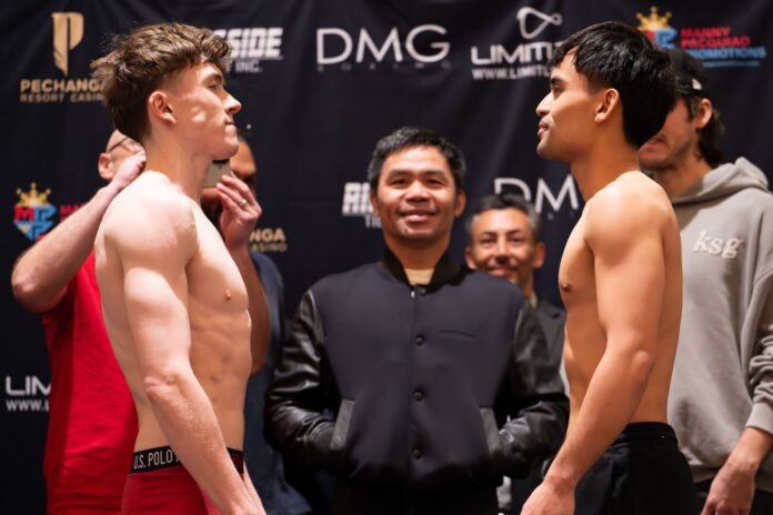 Lazaro Lorenzana and Luis Arias face off during the weigh-in