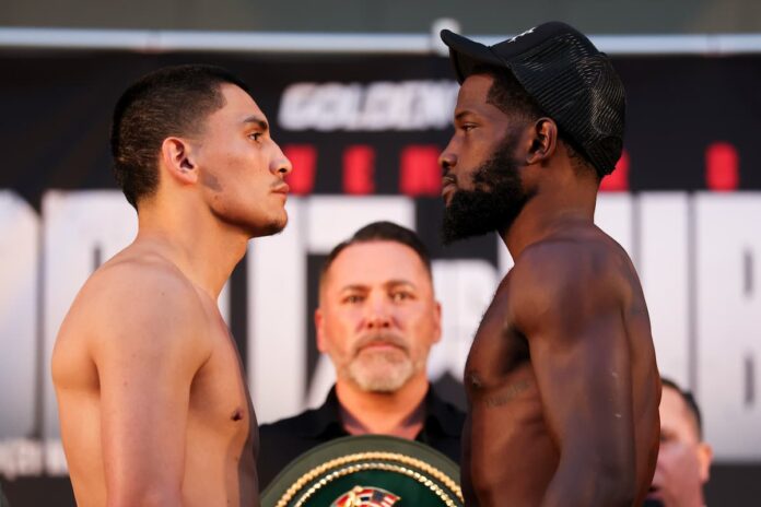 Vergil Ortiz Jr and Erickson Lubin face off at the weigh-in, ahead of their boxing bout in Fort Worth, Texas