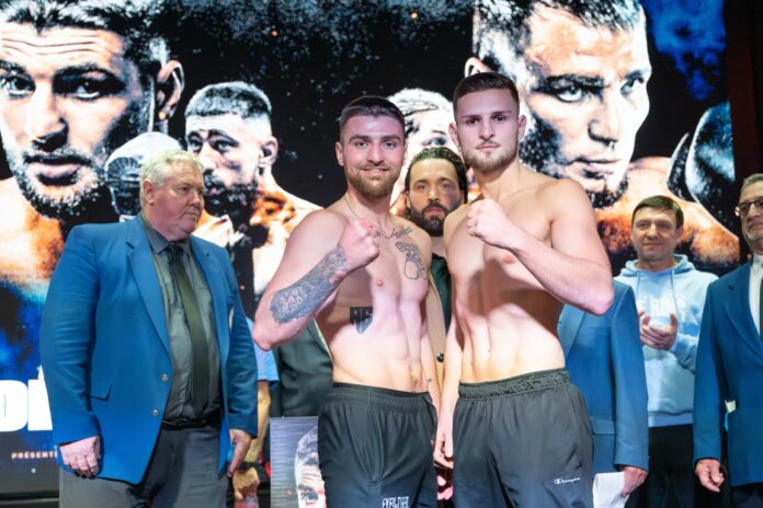 Alexandre Gaumont and Ramadan Hiseni during the weigh-in ahead of their boxing bout