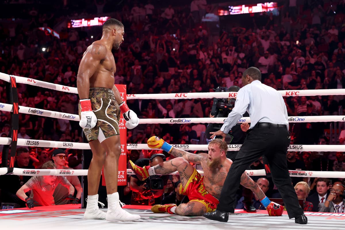 Anthony Joshua knocks down Jake Paul during their bout