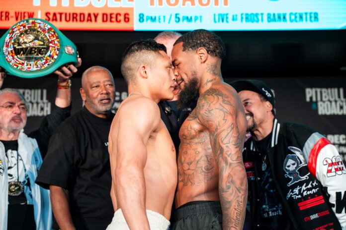 Isaac Pitbull Cruz and Lamont Roach face off at the weigh-in, ahead of their boxing bout in San Antonio, Texas