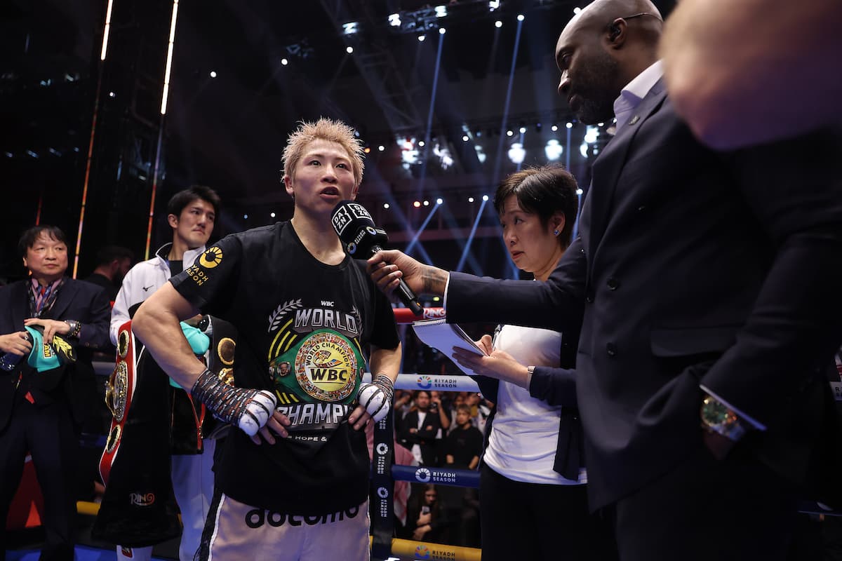 Naoya Inoue speaks following his victory over David Picasso during their bout