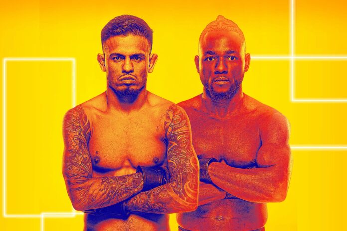The faces of Brandon Royval and Manel Kape, promoting their MMA bout at UFC Vegas 112