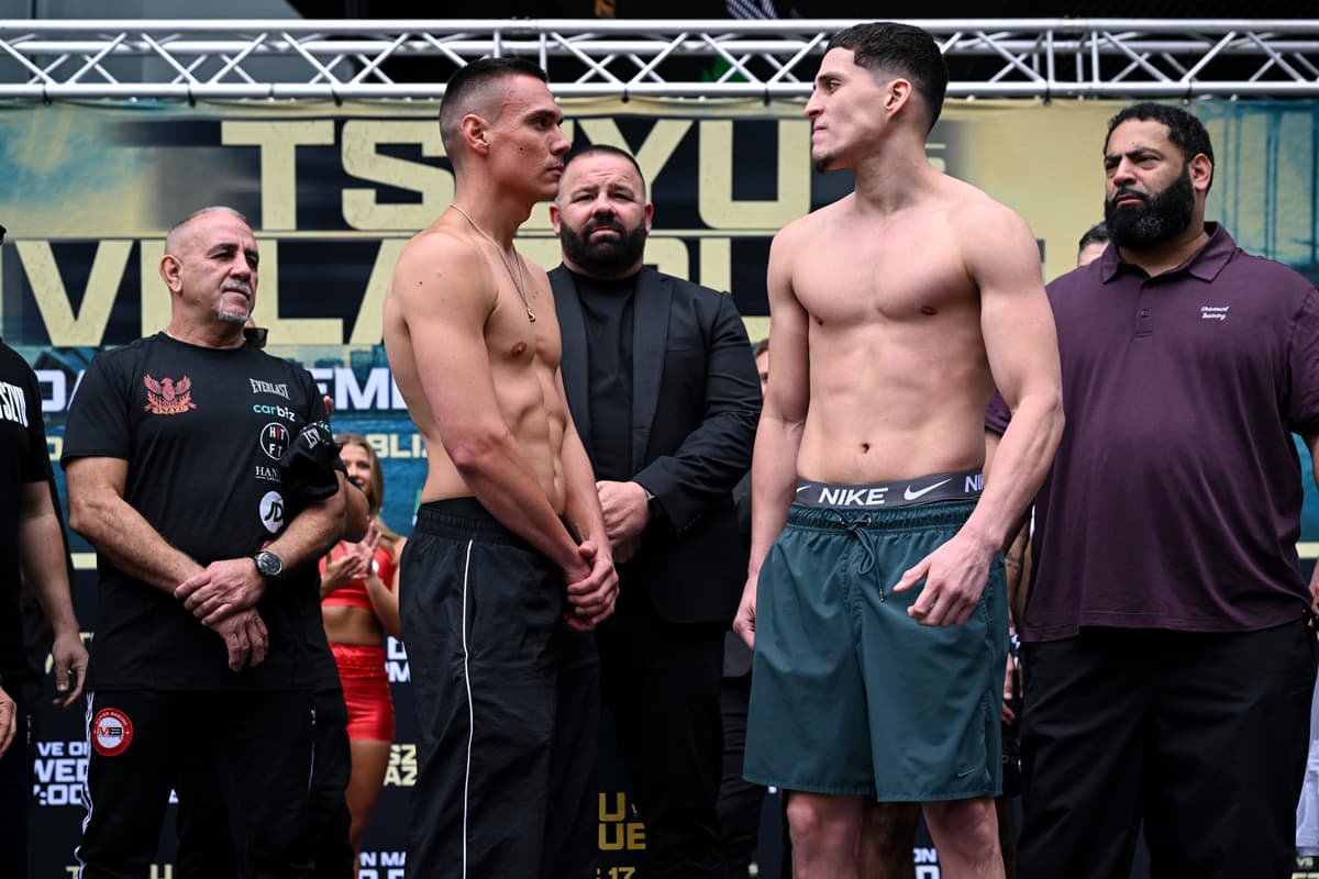 Tim Tszyu and Anthony Velazquez during the weigh-in