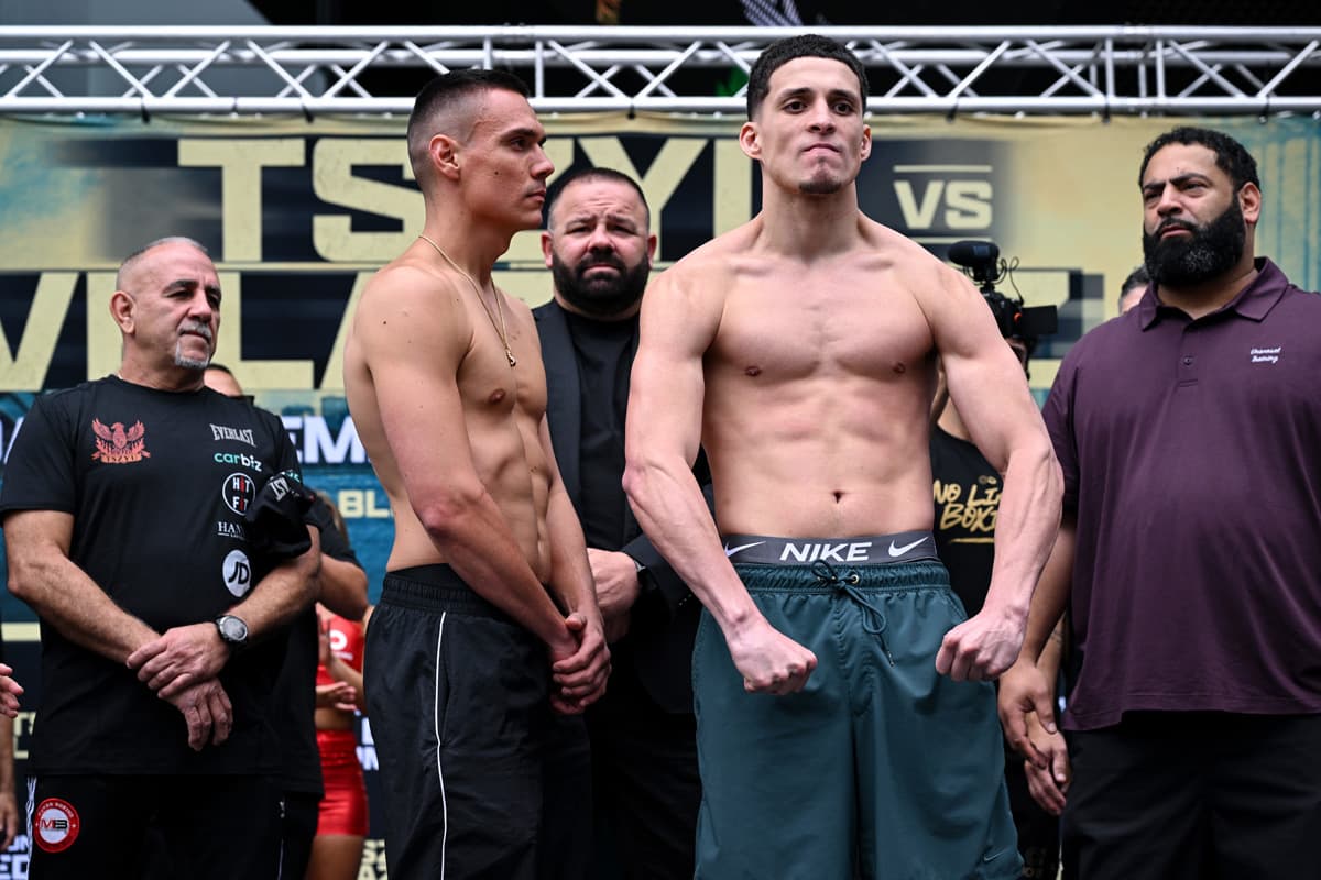 Tim Tszyu and Anthony Velazquez during the weigh-in