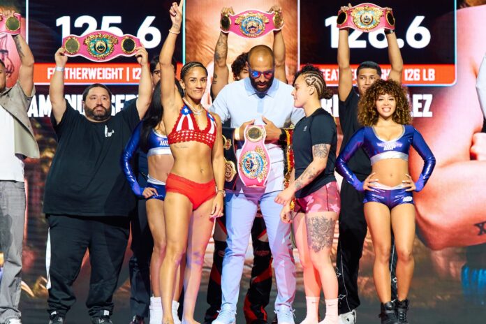 Amanda Serrano and Reina Tellez during the weigh-in ahead of their bout in San Juan, Puerto Rico