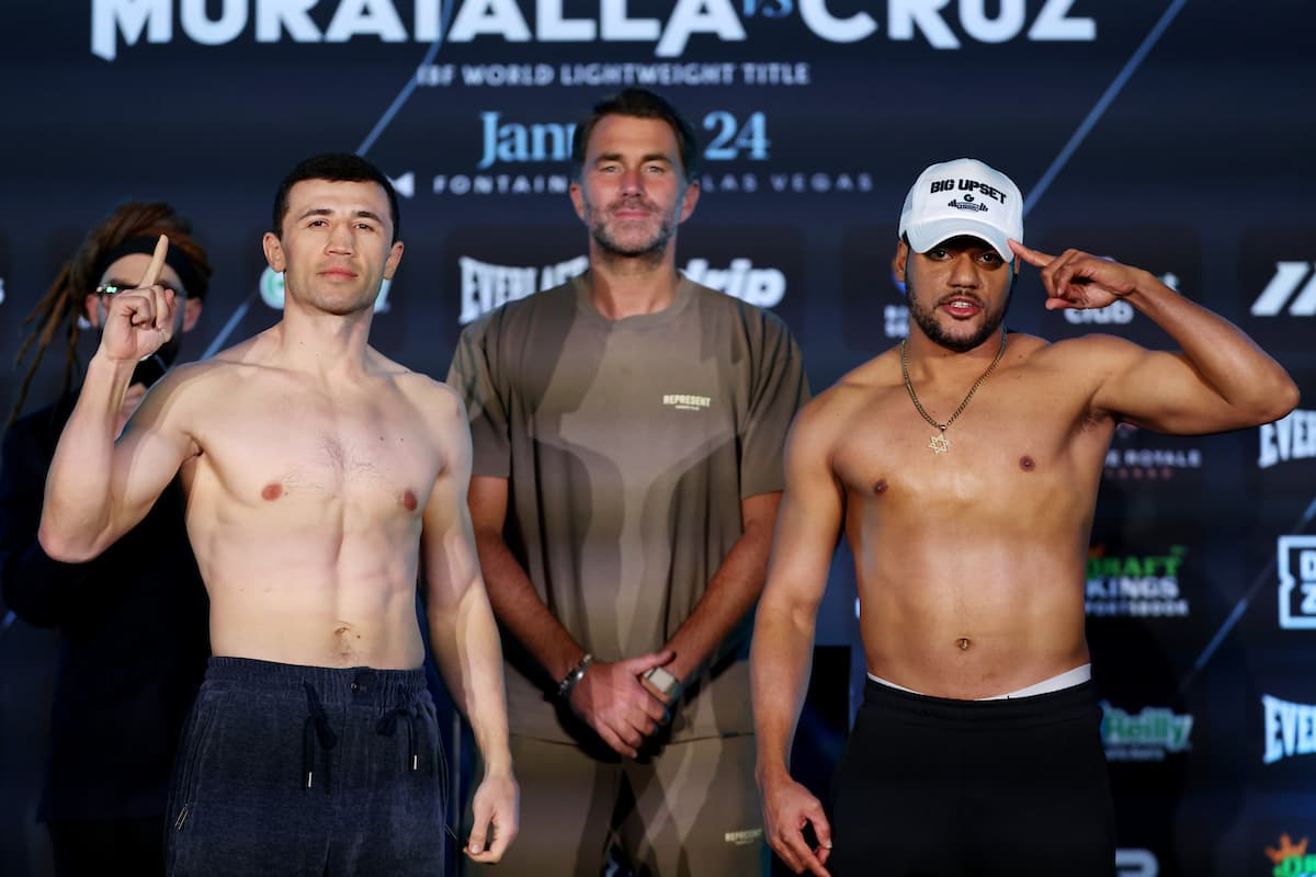 Israil Madrimov and Luis David Salazar during the weigh-in