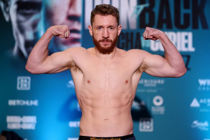 Jordan Panthen standing on the scale during the weigh-in, ahead of his fight against Raul Curiel in Palm Desert, California