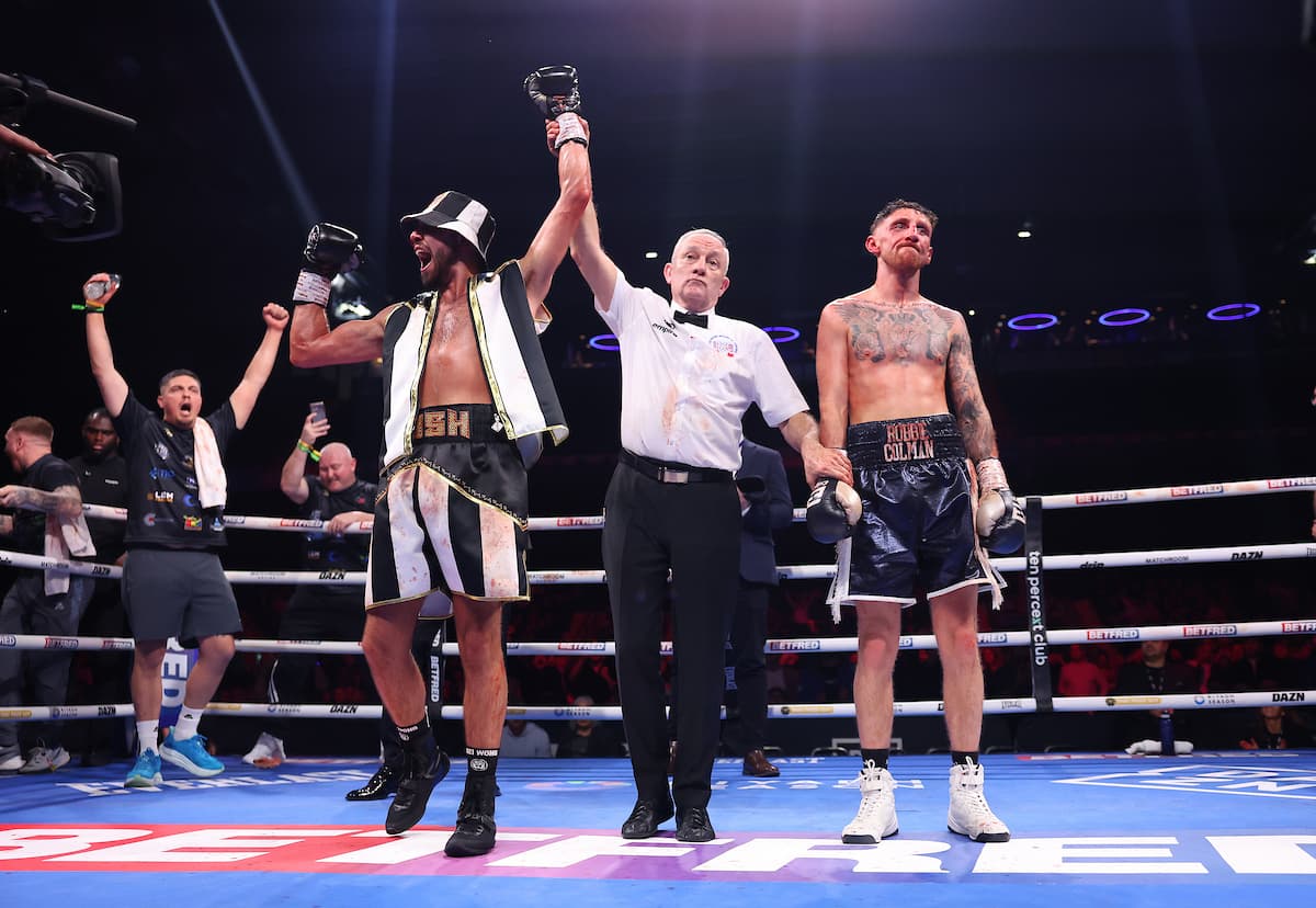 Josh Blenkiron defeats Robbie Colman during their boxing match in Newcastle, England